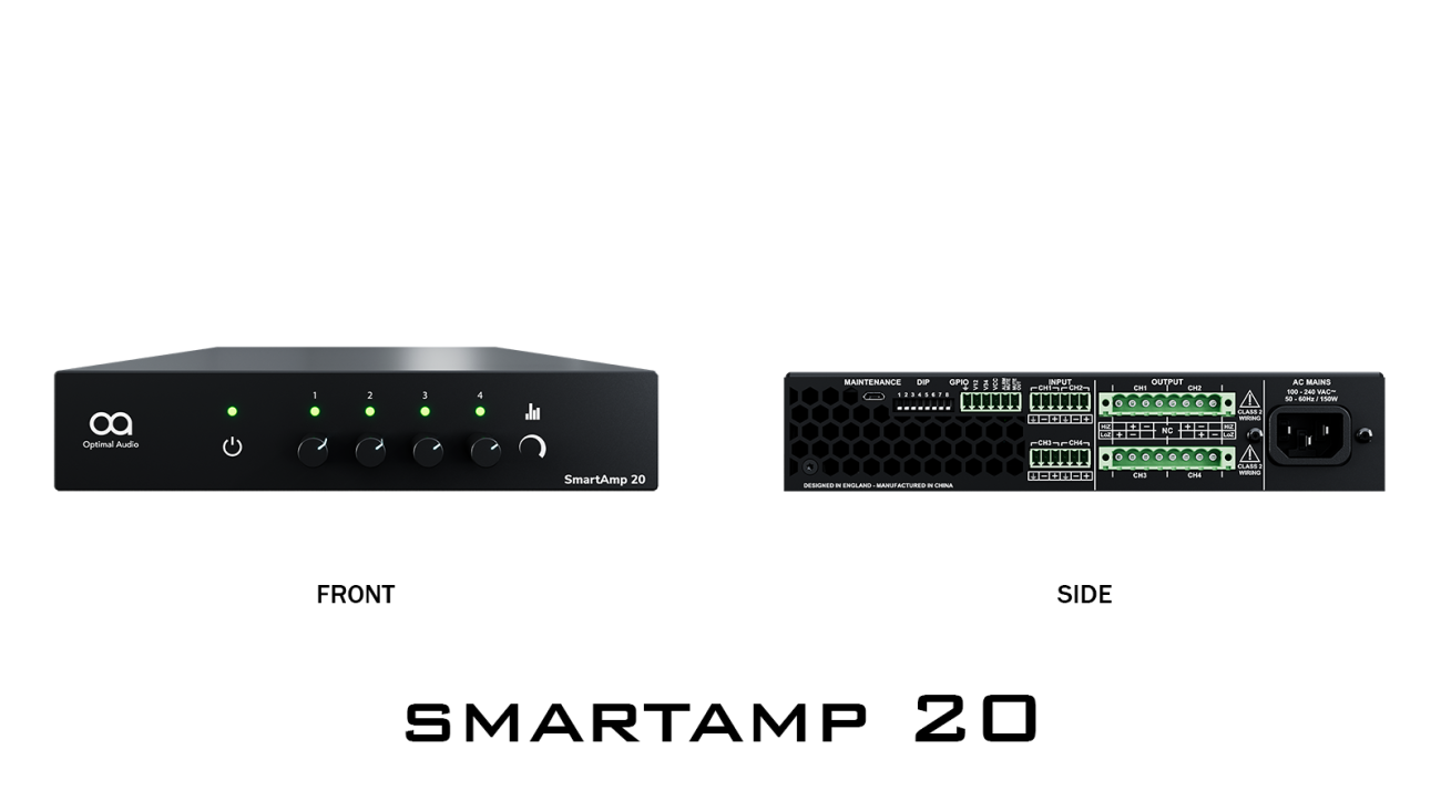 SmartAmp 20 - Bộ khuếch đại âm thanh 4 kênh mạnh mẽ với xử lý tín hiệu DSP tích hợp, tối ưu hóa cho loa Optimal-Audio. Cung cấp công suất linh hoạt cho từng kênh, SmartAmp 20 là lựa chọn lý tưởng cho các ứng dụng âm thanh đa dạng trong không gian thương mại.